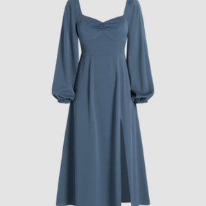 Cider Solid Ruched Long Sleeve Split Midi Dress-- S Blue